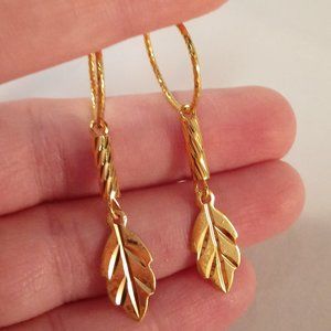 18K Yellow Gold Filled Carved Leaf Circle Hoop Dangle Earrings Women's Gift